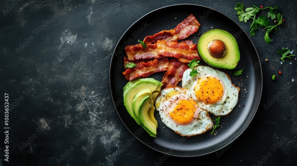 Moody photography of a delicious breakfast with poached eggs and bacon, served with Moody photography of a delicious breakfast with poached eggs and bacon, served with