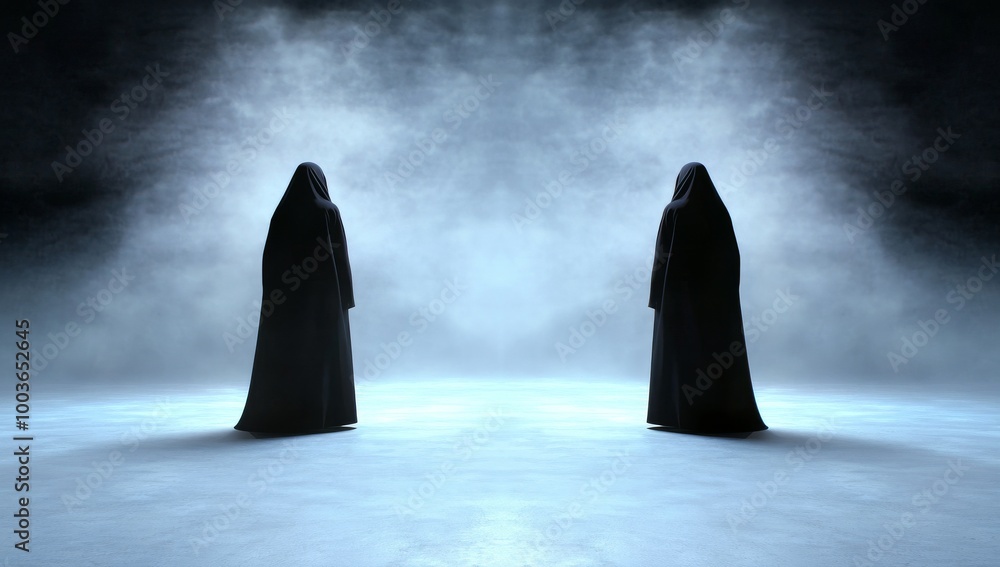 Muslim Woman in Hijab and Long Dress Against a Foggy Background Muslim Woman in Hijab and Long Dress Against a Foggy Background