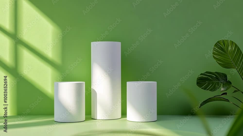Three white cylinders sit on a green surface with a green wall behind them Three white cylinders sit on a green surface with a green wall behind them