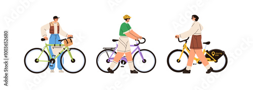 People walking near bikes, holding bicycles handlebars, set. Cyclists going with eco-friendly urban transport. Travel by sustainable vehicle. Flat vector illustration isolated on white background