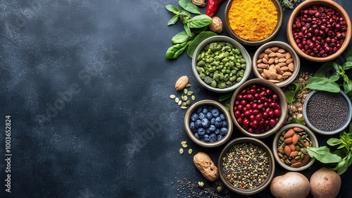 Colorful spices and herbs in bowls on a dark textured surface.