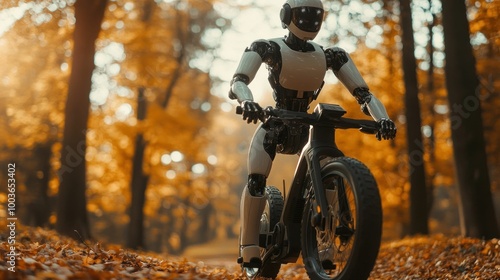 Robot cycling in an autumn forest, showcasing modern technology in a natural setting, highlighting innovation and nature s beauty harmoniously photo