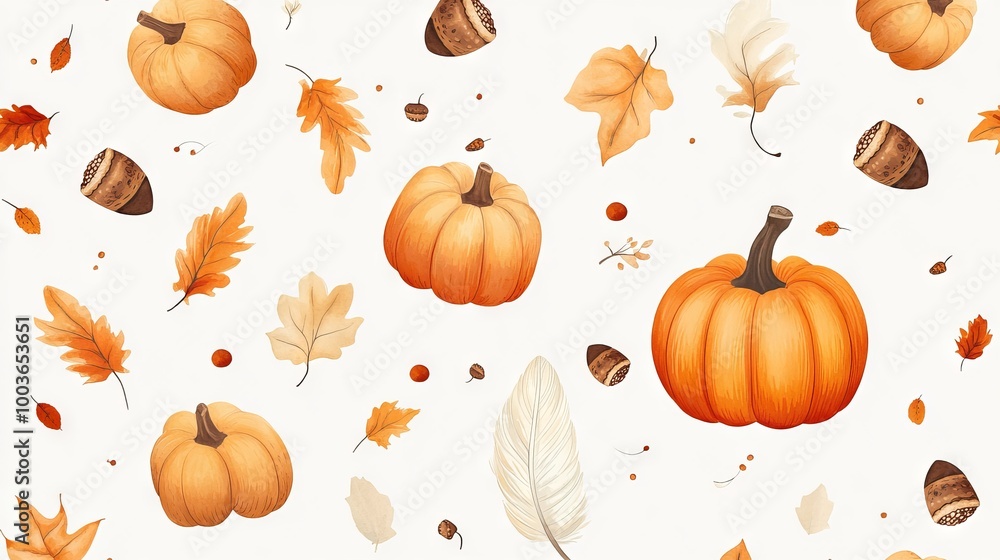A pattern of pumpkins and leaves with a white background A pattern of pumpkins and leaves with a white background