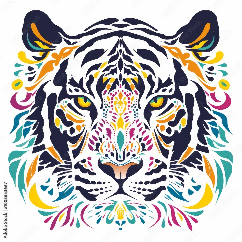 Fototapeta premium A striking and vibrant artistic illustration of a tiger's face, featuring intricate patterns and bold, colorful designs.