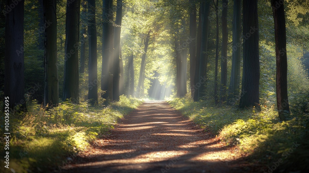 Obraz premium A serene forest pathway lined with tall trees, sunlight filtering through the leaves and casting dappled shadows on the ground.