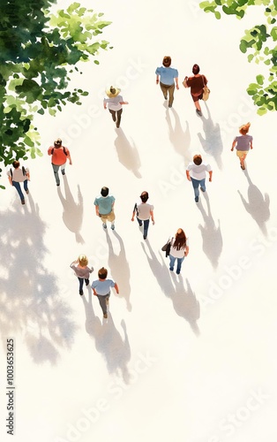 People of different ethnicities walking in the park flat design top view community lifestyle theme watercolor Splitcomplementary color scheme