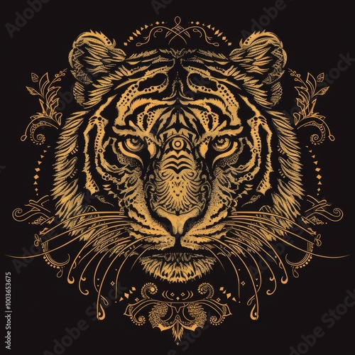 Detailed golden tiger head illustration with ornate decorative elements on a black background, perfect for artistic and design projects.