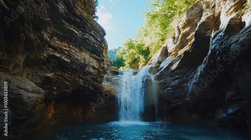 A serene waterfall flowing through a narrow gorge, with smooth rock walls on either side and a clear blue sky above.