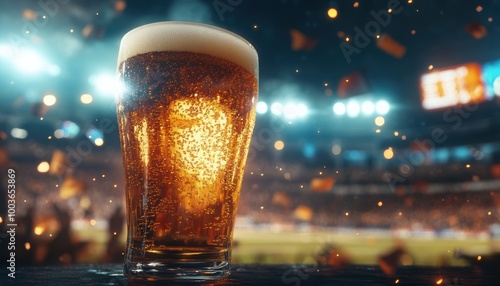 Advertising Image of a Fresh Beer Glass at a Sports Event Stadium