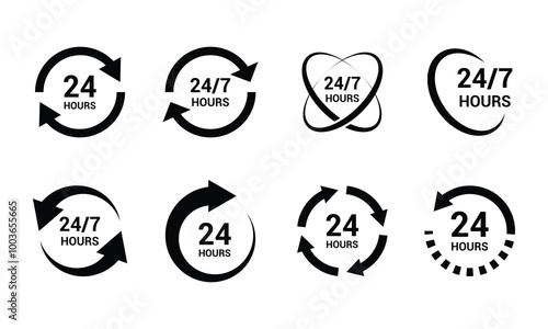24 7 service icon set. Support 24 hours a day and 7 days a week. can be used in logo, UI and web design. 24-7 service concept.