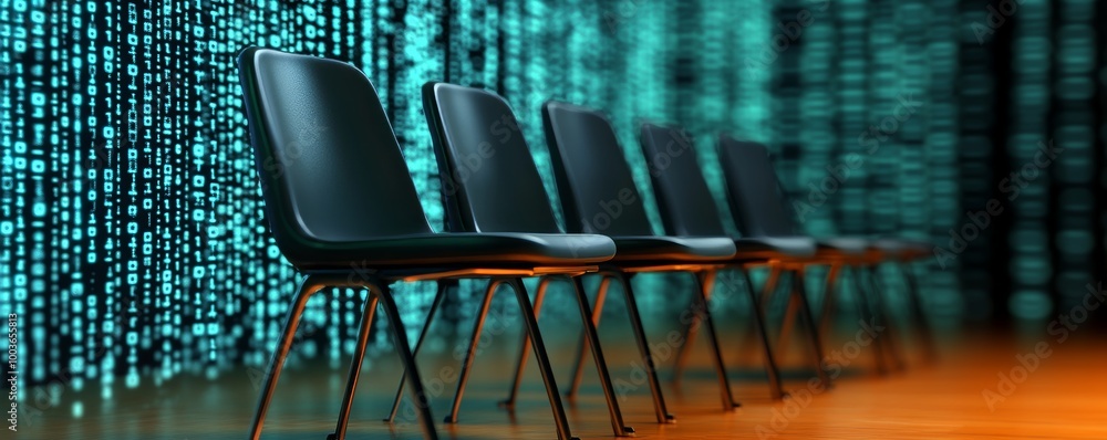 Fototapeta premium Dark background with glowing digital lines and metallic structures representing the concept of cyber security in business photography