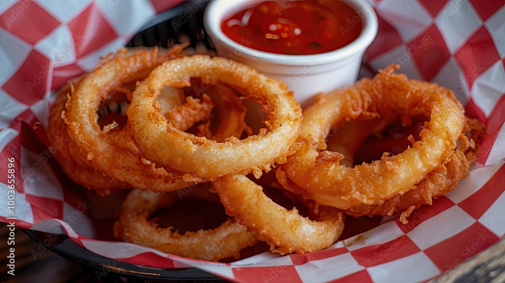 A basket of golden, crispy onion rings with a side of tangy dipping sauce A basket of golden, crispy onion rings with a side of tangy dipping sauce