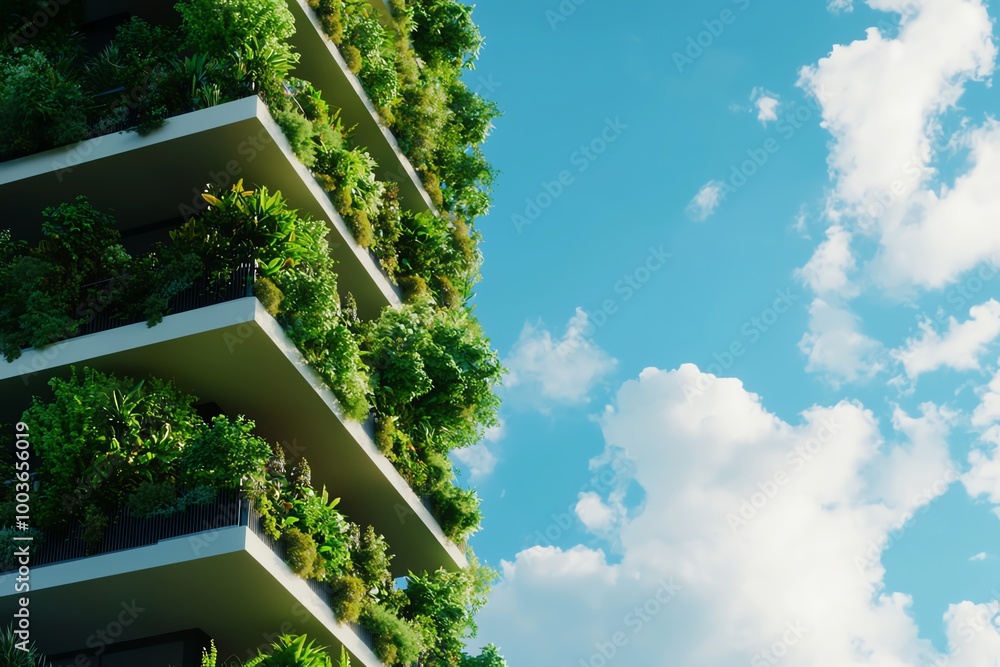 Modern building with green balcony gardens against a blue sky, showcasing sustainable architecture. Modern building with green balcony gardens against a blue sky, showcasing sustainable architecture.