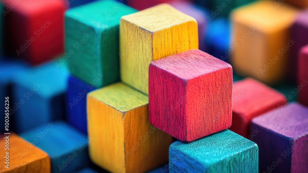 Colorful wooden building blocks stacked together on a vibrant surface. Colorful wooden building blocks stacked together on a vibrant surface.