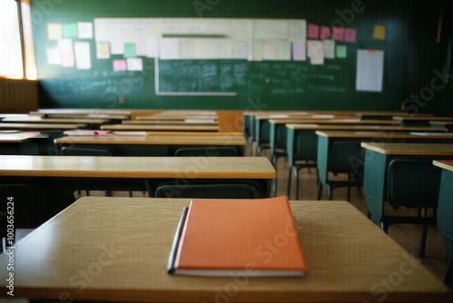 Wallpaper Mural Classroom with empty desks and orange folder. Torontodigital.ca