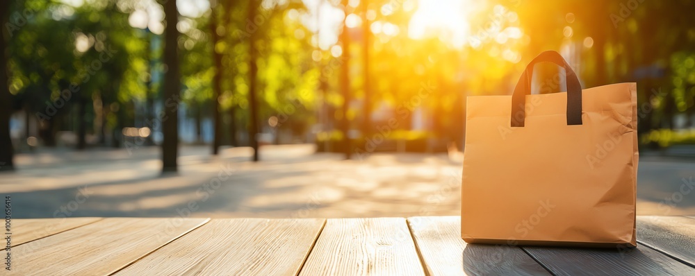 Shopping bag on wooden table in park during sunset, vibrant colors, nature backdrop, peaceful ambiance. Shopping bag on wooden table in park during sunset, vibrant colors, nature backdrop, peaceful ambiance.