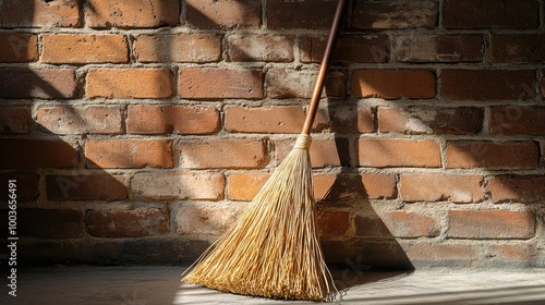 Wallpaper Mural A traditional straw broom leaning against a rustic brick wall, with sunlight casting soft shadows across the floor. Torontodigital.ca