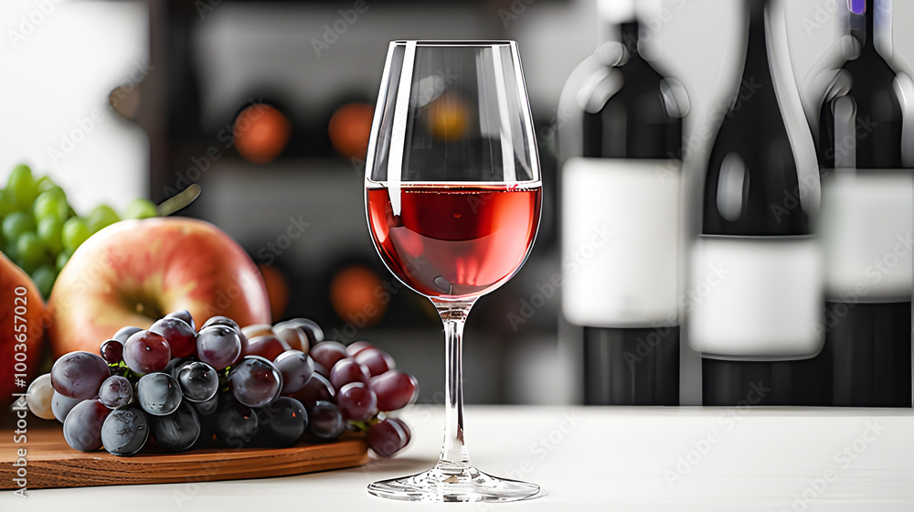 Red wine in glass luxurious with long stem and grapes and fruits beside blurred wine bottle background. Minimal summer flat lay with glasses. Alcohol drinks photo Holidays, parties, events, relaxation Red wine in glass luxurious with long stem and grapes and fruits beside blurred wine bottle background. Minimal summer flat lay with glasses. Alcohol drinks photo Holidays, parties, events, relaxation
