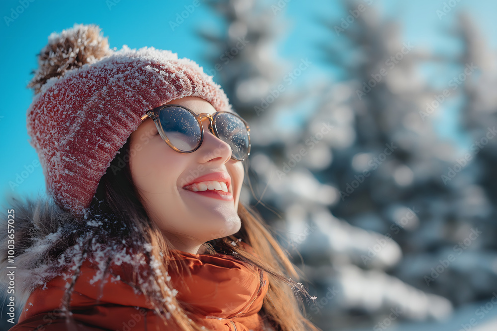 Cheerful woman on a winter vacation, Winter holiday, Sunshine, Snowfall, Snow Cheerful woman on a winter vacation, Winter holiday, Sunshine, Snowfall, Snow
