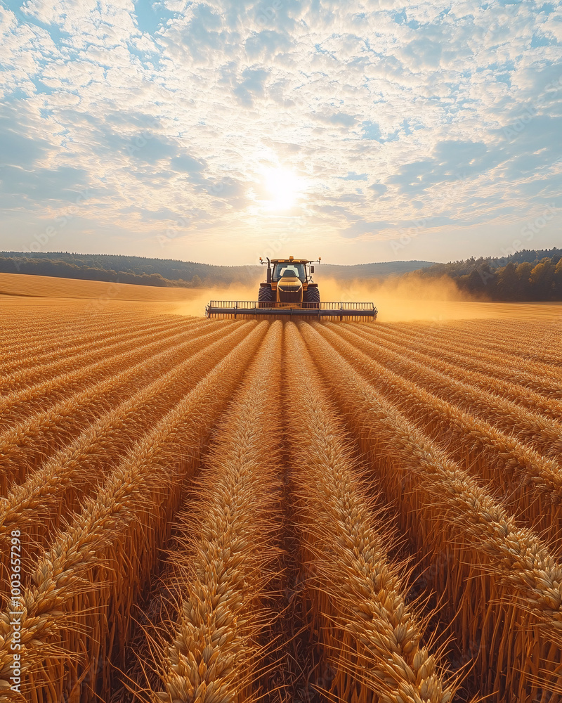 Fototapeta premium golden wheat field with tractor in the distance at sunset