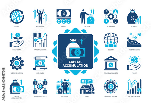 Capital Accumulation icon set. Dynamic, Capitalism, Cash Flow, Wealth, Interest, Profit, Income Growth, Investment. Duotone color solid icons