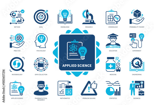Applied Science icon set. Criminology, Medicine, Engineering, Research, Goal, Method, Knowledge, Education. Duotone color solid icons
