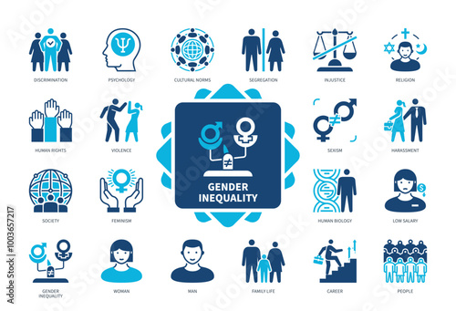 Gender Inequality icon set. Discrimination, Segregation, Feminism, Sexism, Harassment, Violence, Low Salary, Injustice. Duotone color solid icons