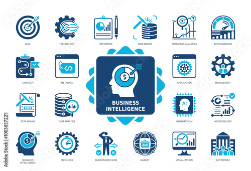 Business Intelligence icon set. Strategy, Management, Benchmarking, Data Analysis, Efficiency, Data Mining, Reporting, Market. Duotone color solid icons