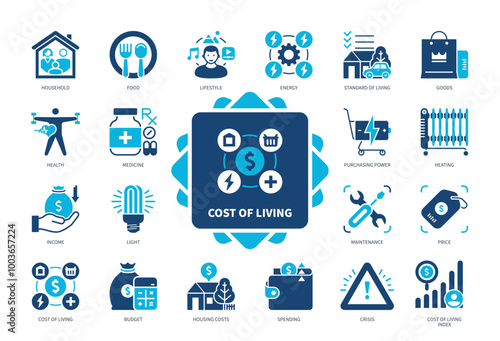 Cost of Living icon set. Food, Health, Maintenance, Heating, Spending, Energy, Standard of Living, Income. Duotone color solid icons