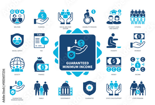 Guaranteed Minimum Income GMI icon set. Pension, Payment, Guarantee, Funding, Welfare, Social Safety, Finance, Family. Duotone color solid icons