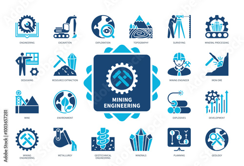 Mining Engineering icon set. Surveying, Metallurgy, Engineering, Exploration, Mine, Geotechnical, Iron Ore, Explosives. Duotone color solid icons