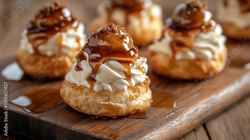 Choux cream puffs with light caramel topping, served on a rustic wooden board, emphasizing the artisanal quality of the pastry, choux cream, homemade bakery style photo