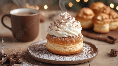 Choux cream with a crispy shell and whipped cream filling, placed beside a cup of hot chocolate, creating a cozy winter snack vibe, choux cream, comforting dessert photo