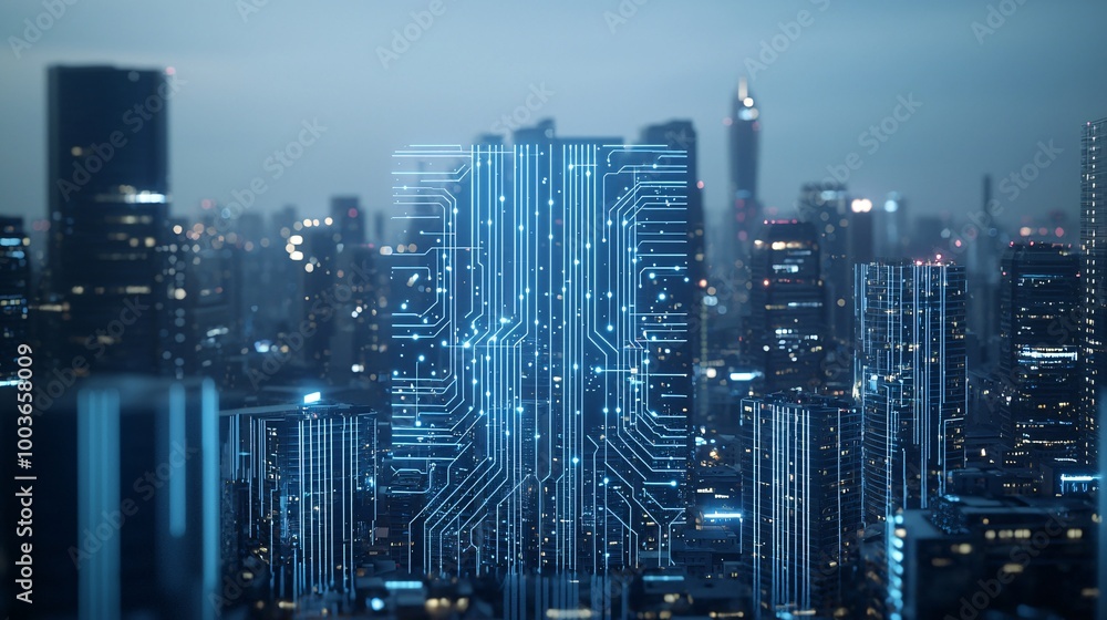 A futuristic cityscape powered by AI, with glowing circuit lines running through buildings, symbolizing advanced technology A futuristic cityscape powered by AI, with glowing circuit lines running through buildings, symbolizing advanced technology