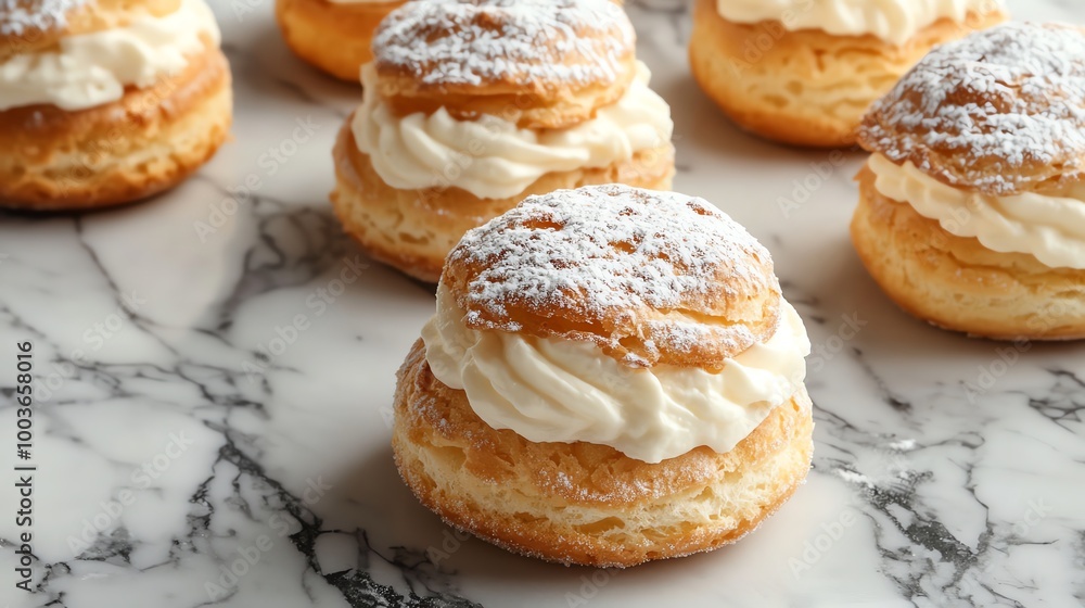 Vanilla choux cream puffs with delicate powdered sugar topping, placed on a marble countertop with soft lighting for a sophisticated look, choux cream, elegant pastry concept Vanilla choux cream puffs with delicate powdered sugar topping, placed on a marble countertop with soft lighting for a sophisticated look, choux cream, elegant pastry concept