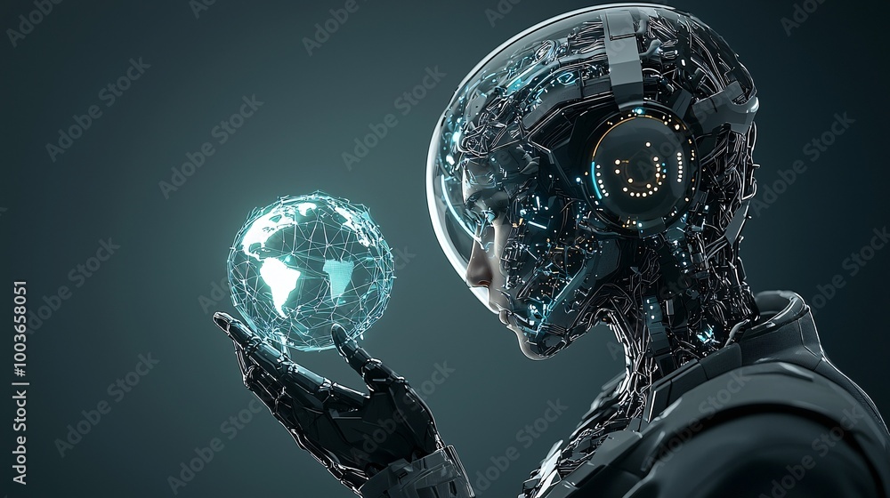 An AI-powered robot holding a glowing holographic world, symbolizing the future of global connectivity An AI-powered robot holding a glowing holographic world, symbolizing the future of global connectivity
