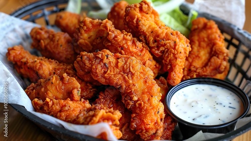 A basket of spicy buffalo chicken tenders served with a side of ranch dipping sauce photo