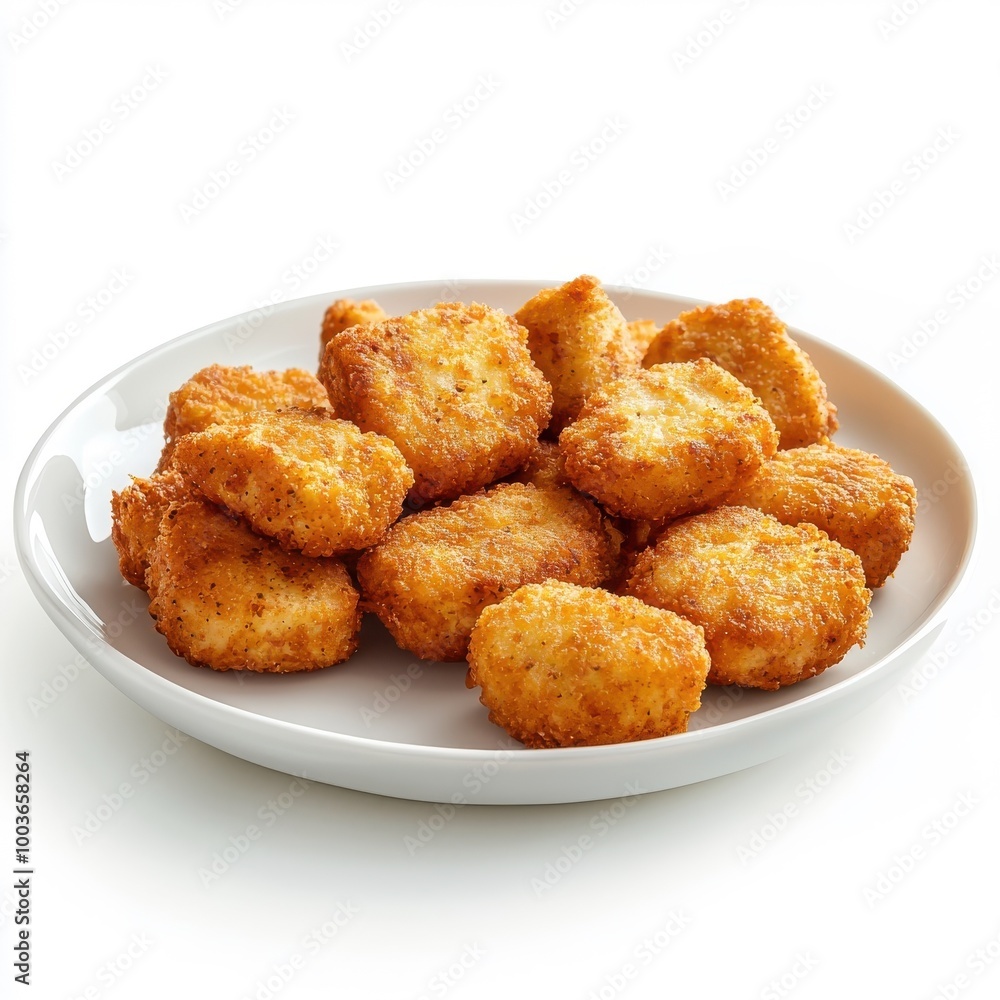 Chicken nuggets on a plate, isolated on a white background, offering a simple and classic presentation. Chicken nuggets on a plate, isolated on a white background, offering a simple and classic presentation.