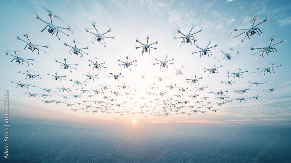 Obraz premium An AI-powered drone swarm creating intricate patterns in the sky, symbolizing precision and coordination