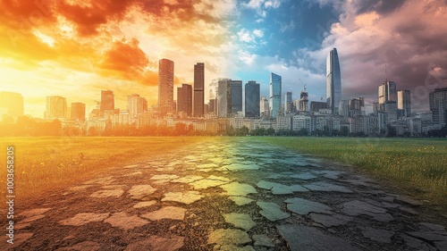 Contrast of city skyline against vivid sunset and cracked earth in foreground.