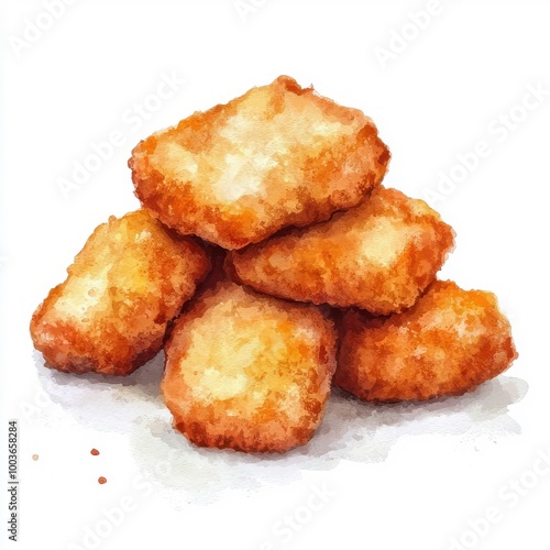 Watercolor-style chicken nuggets, isolated on a white background, offering a soft and artistic representation.