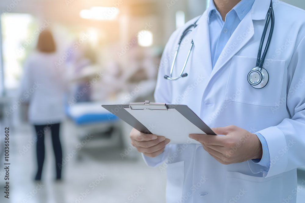 A male doctor in a white coat, holding a clipboard and standing confidently in a clean, bright clinic room with medical equipment behind A male doctor in a white coat, holding a clipboard and standing confidently in a clean, bright clinic room with medical equipment behind