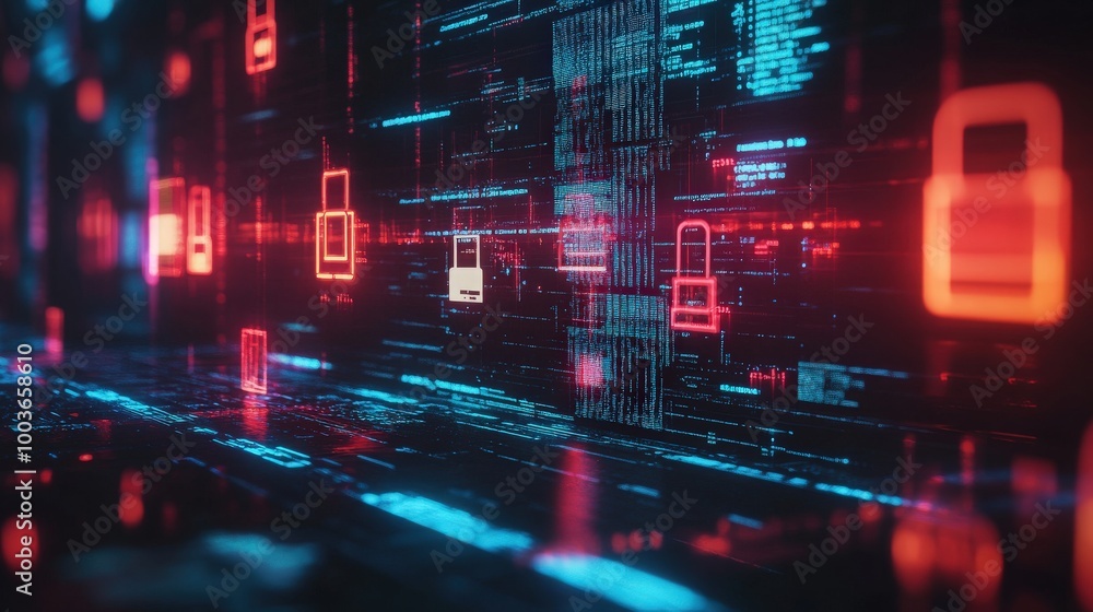 Obraz premium Cybersecurity data breach encryption firewall malware phishing ransomware vulnerability