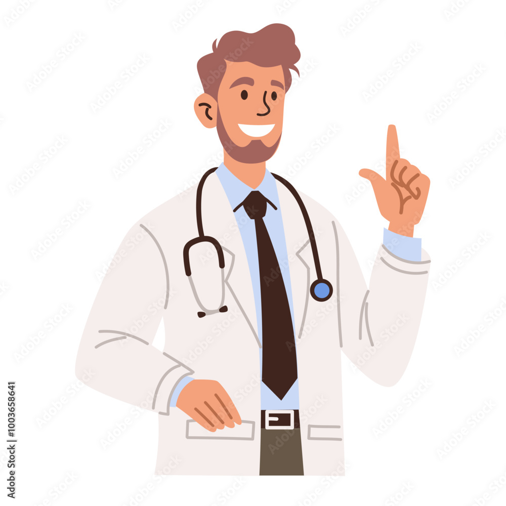 Flat vector illustration on white background. Cute doctor in white coat is pointing with his finger. Vector illustration Flat vector illustration on white background. Cute doctor in white coat is pointing with his finger. Vector illustration