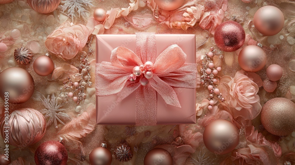 A beautifully wrapped pink gift surrounded by shimmering ornaments during the festive season A beautifully wrapped pink gift surrounded by shimmering ornaments during the festive season