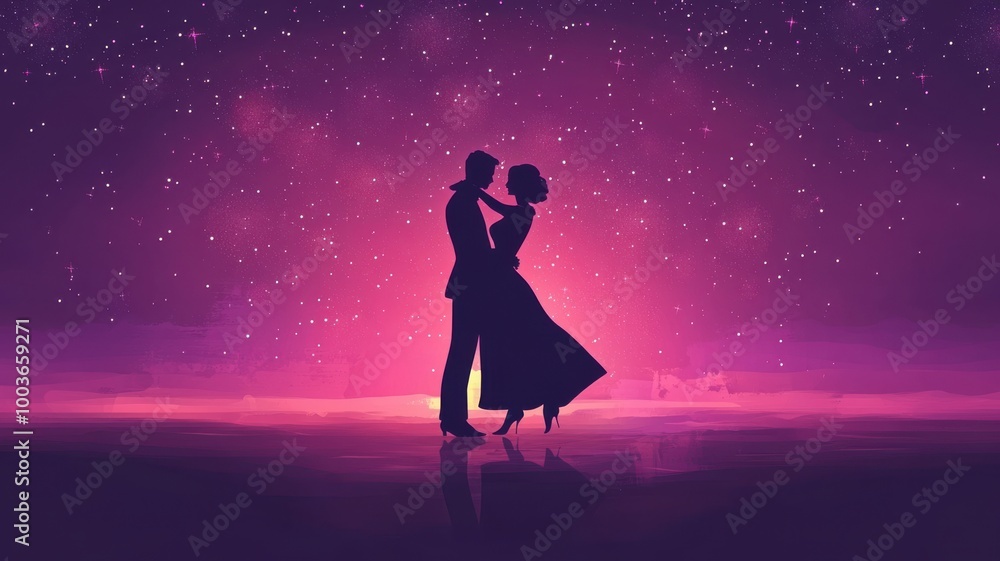 Couple dancing under a starry sky, silhouetted against a vibrant purple background. Couple dancing under a starry sky, silhouetted against a vibrant purple background.