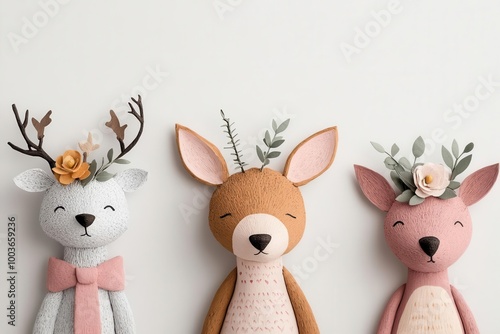 Three adorable plush deer dolls on a white background. photo