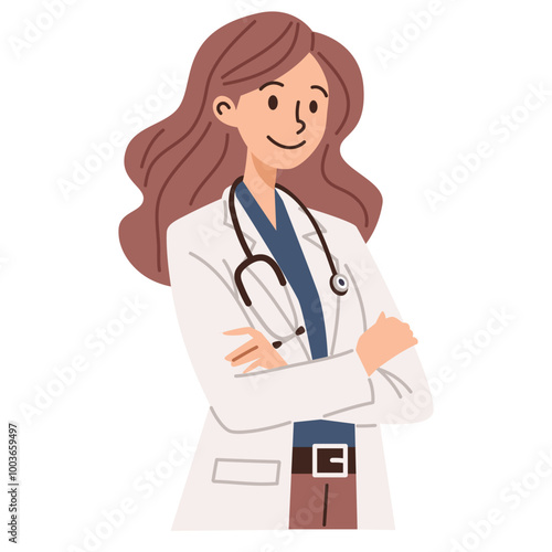 Flat vector illustration on white background. Cute woman doctor in white coat standing with arms folded on her chest. Vector illustration