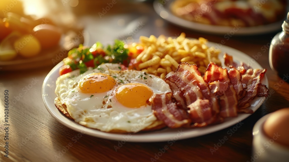 Photography of a classic American breakfast with eggs, bacon, and hash browns, captured Photography of a classic American breakfast with eggs, bacon, and hash browns, captured