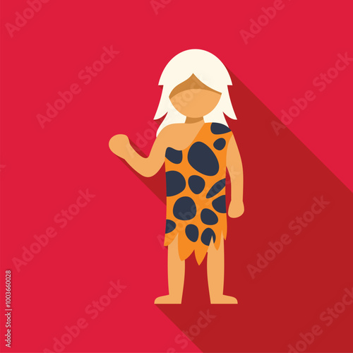 Primitive man wearing animal skin clothing is standing on red background